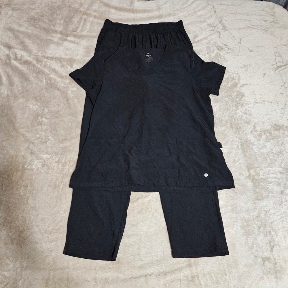 Womens Scrub Set Black V-Neck Top Elastic Waist Pants Size Large